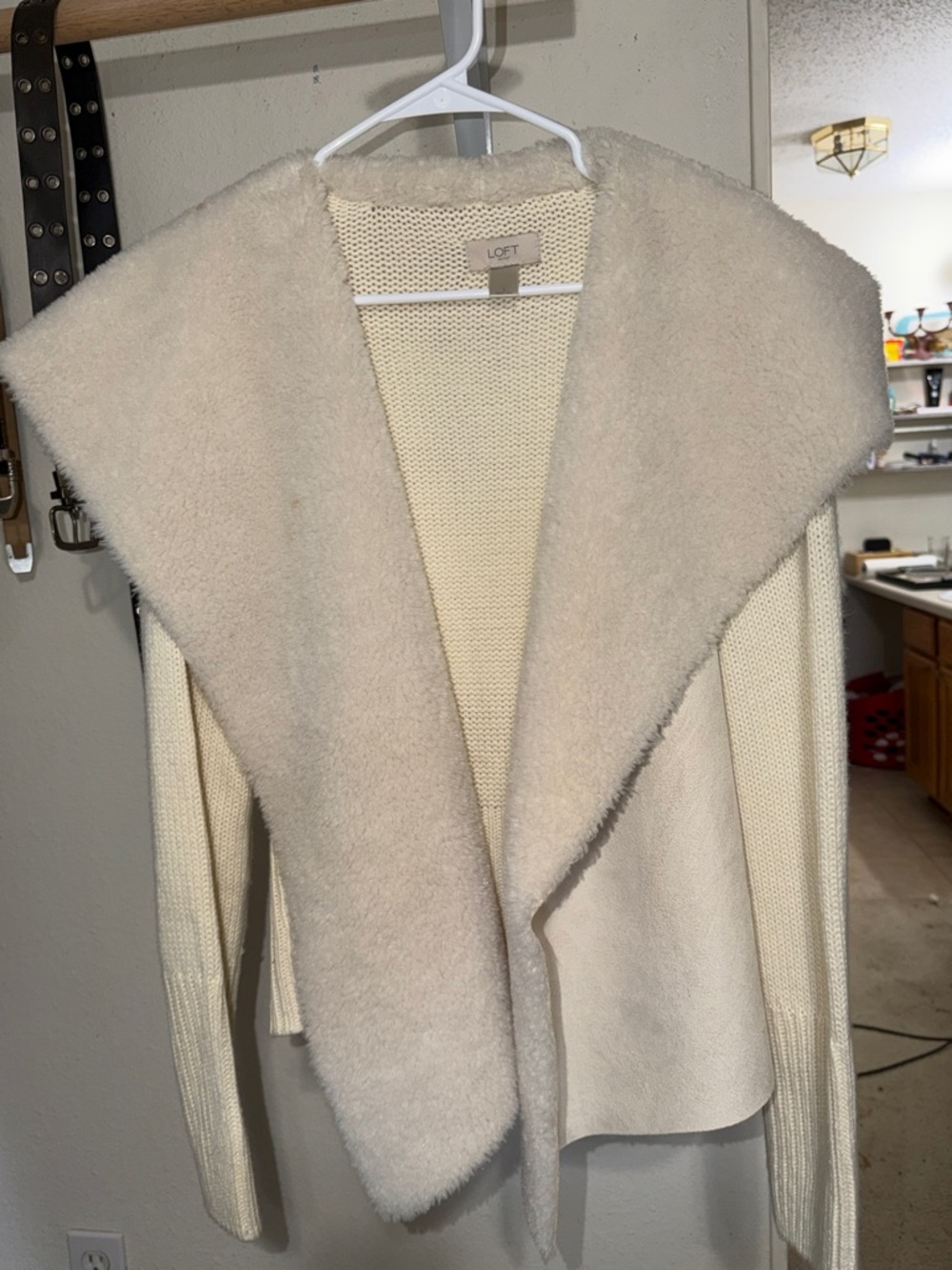 LOFT Cream Knit Cardigan with Sherpa Collar